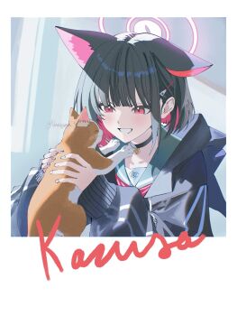 1girl animal_ears black_choker black_hair black_hoodie blue_archive cat cat_ears cat_girl choker green_sailor_collar halo highres hood hoodie kazusa_(blue_archive) medium_hair multicolored_hair neckerchief pink_eyes pink_hair pink_halo pink_neckerchief sailor_collar shi_draco two-tone_hair