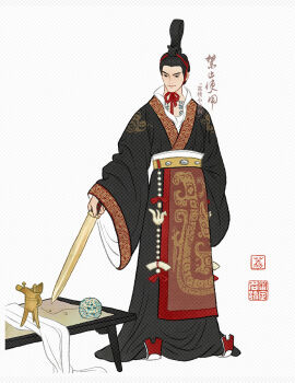 Rule 34 | 1boy, ball, black eyes, black hair, chinese clothes, chinese commentary, chinese text, closed mouth, commentary request, full body, hair pulled back, hanfu, highres, holding, holding weapon, jewelry, jiaoling ruqun, lizhi xiaochaorou, long sleeves, male focus, necklace, original, red ribbon, ribbon, robe, sash, simple background, sleeves past wrists, solo, standing, sword, table, topknot, weapon, wide sleeves, xiao guan (headdress), yaopei, zhijupao, zun (cup)