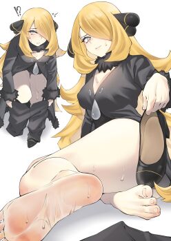 !? 1girl absurdres barefoot black_pants black_shirt black_shoes blonde_hair blush breasts cleavage commentary cynthia_(pokemon) feet foot_focus foreshortening full_body fur_trim grey_eyes hair_ornament hair_over_one_eye high_heels highres holding holding_shoes holding_unworn_clothes large_breasts long_hair long_sleeves looking_at_viewer multiple_views nekokaminari nintendo no_socks on_ground one_eye_covered pants parted_lips pokemon pokemon_dppt removing_pants shirt shoes simple_background sitting soles sweat thighs toenails toes unworn_shoes very_long_hair white_background