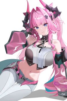 1girl absurdres arknights arknights:_endfield arm_support bare_shoulders black_gloves black_sleeves blue_eyes breasts chinese_commentary closed_mouth commentary cowboy_shot crop_top detached_sleeves gloves hair_intakes hair_ornament hand_in_own_hair highres horns large_breasts leggings long_sleeves looking_at_viewer midriff navel pink_gloves pink_sleeves pointy_ears rroc_(rrck11) see-through_clothes see-through_sleeves simple_background smile solo tail thigh_gap white_background yvonne_(arknights)