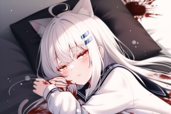 1girl ahoge animal_ear_fluff animal_ears blood blood_on_bed blood_on_clothes blood_on_face blood_on_hands blood_on_pillow blush cat_ears cat_girl cat_tail commentary_request furrowed_brow hair_ornament hairclip half-closed_eyes hand_on_own_face highres linjia_kaidi looking_at_viewer on_bed parallel_hairclips pillow star_(symbol) star_in_eye symbol_in_eye tail white_hair white_tail