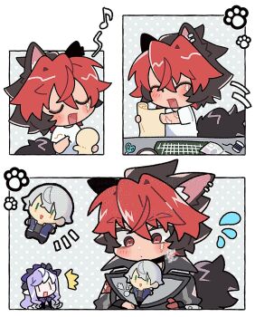 1boy ^^^ animal_ear_fluff animal_ears bandaged_arm bandages black_gloves black_hair black_jacket blush character_doll chibi chibi_only closed_eyes commentary_request dog_boy dog_ears dog_tail doll dotted_background ear_piercing fang fingerless_gloves gloves gogogalar grey_background hair_between_eyes highres jacket komano_manato looking_at_another male_focus motion_lines multicolored_hair multiple_scars multiple_views musical_note needle notice_lines open_mouth paper paw_print piercing red_bandage red_eyes red_hair scar scar_across_eye scar_on_arm scar_on_face scissors sewing sewing_needle shirt short_hair sweatdrop table tail vivian_banshee white_background white_shirt wise_(zenless_zone_zero) zenless_zone_zero