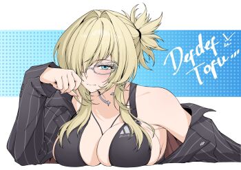 1girl arm_up bikini black_bikini blonde_hair blue_eyes breast_rest breasts cleavage closed_mouth collar commentary english_commentary formal_clothes glasses goddess_of_victory:_nikke grave_(beautiful_you)_(nikke) grave_(nikke) hair_intakes hair_over_one_eye highres large_breasts makudonarudo metal_collar necklace_between_breasts pinstripe_jacket pinstripe_pattern pinstripe_suit ponytail short_ponytail sidelocks simple_background single_bare_shoulder smile solo suit swimsuit upper_body white_background