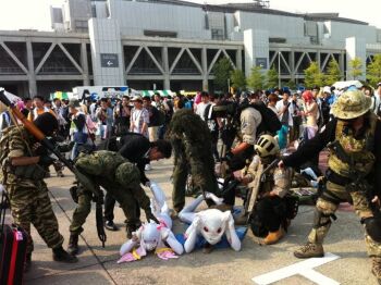 adaptive_combat_rifle assault_rifle at_gunpoint balaclava bikini black_eyes black_hair blue_eyes boots brown_eyes brown_hair call_of_duty call_of_duty:_modern_warfare_2 camouflage captain_macmillan captain_price clone comiket cosplay cosplay_photo crossover flag ghost_(modern_warfare_2) grenade_launcher gun handgun headset helmet high-explosive_anti-tank_(warhead) japan_ground_self-defense_force japan_self-defense_force knee_pads kyubey load_bearing_vest m1911 m4_carbine mahou_shoujo_madoka_magica mahou_shoujo_madoka_magica_(anime) man-portable_anti-tank_systems military military_operator military_uniform multiple_boys photo_(medium) pistol rifle roach_(modern_warfare_2) rocket-propelled_grenade rocket_(projectile) rocket_launcher rpg rpg-7 rpg_(weapon) scope sniper soldier sunglasses sweater swimsuit underbarrel_grenade_launcher union_jack weapon