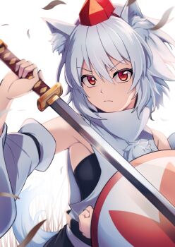 1girl animal_ear_fluff animal_ears ashiroku_(miracle_hinacle) backlighting closed_mouth commentary detached_sleeves frown hat highres holding holding_shield holding_sword holding_weapon inubashiri_momiji katana looking_at_viewer pom_pom_(clothes) red_eyes red_hat shield shirt short_hair sleeveless sleeveless_shirt solo sword tail tokin_hat touhou turtleneck turtleneck_shirt weapon white_hair white_shirt white_sleeves wind wolf_ears wolf_girl wolf_tail