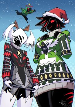 1boy 2girls abby_(za1f0n) absurdres alternate_costume annoyed antlers artist_self-insert black_eyes black_hair black_halo black_skin christmas christmas_tree_costume colored_sclera colored_skin commentary dated eldritch_abomination english_commentary gloves halo happy head_wings highres hood hood_up hoodie horns long_sleeves looking_at_another looking_down monster_girl multiple_girls original red_eyes red_sclera reindeer_antlers shorts signature sky star_(sky) starry_sky steam sweater turtleneck turtleneck_sweater twitter_username wavy_mouth wings yellow_eyes yellow_sclera za1f0n zel_(za1f0n)