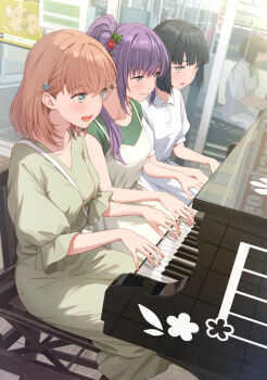 3girls :d aqua_eyes bag between_breasts black_hair blunt_bangs blunt_ends bob_cut breasts cerise_bouquet collared_dress commentary dress grand_piano green_dress green_eyes green_shirt hair_bun hair_ornament handbag hashtag-only_commentary hasu_no_sora_jogakuin_school_idol_club_osanpo_nikki highres hinoshita_kaho hinoshita_kaho_(osanpo_nikki) instrument link!_like!_love_live! location_request long_hair love_live! medium_breasts medium_hair momose_ginko momose_ginko_(osanpo_nikki) multiple_girls music open_mouth otomune_kozue otomune_kozue_(osanpo_nikki) outdoors piano pinafore_dress playing_instrument playing_piano polo_dress puffy_short_sleeves puffy_sleeves purple_hair rabbit_hair_ornament shamakho shirt short_hair short_sleeves side_ponytail sidelocks single_side_bun sleeveless sleeveless_dress smile strap_between_breasts two_side_up white_bag white_dress