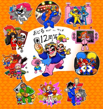 18-volt 6+boys 6+girls 9-volt absurdres alien ana_(warioware) ashley_(warioware) black_hair blue_eyes blue_hair blue_shirt cat cheerleader demon dog double_bun dr._crygor dress dribble_(warioware) facial_hair food goggles goggles_on_headwear hair_bun hair_ornament heart heart_hair_ornament helmet highres hoshi_(star-name2000) jimmy_p jimmy_t kat_(warioware) master_mantis mike_(warioware) mona_(warioware) multiple_boys multiple_girls mustache nintendo orange_hair orbulon pants penny_crygor pink_pants red_(warioware) red_dress red_eyes robot shirt skirt spitz twintails wario warioware warioware:_smooth_moves white_skirt young_cricket