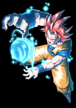 1boy aura black_background blue_boots blue_sash blue_shirt blue_wrist_cuffs boots dougi dragon_ball dragon_ball_super dragon_ball_z dragon_ball_z_fukkatsu_no_f dragonball_z energy_ball full_body highres medium_hair muscular muscular_male open_mouth orange_pants orange_shirt pants red_eyes red_hair sash shirt simple_background solo son_gohan_love son_goku spiked_hair super_saiyan super_saiyan_god wrist_cuffs