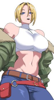 1girl bare_shoulders blonde_hair blue_mary breasts fatal_fury fatal_fury:_city_of_the_wolves female_focus green_jacket ilo_a5 jacket large_breasts midriff navel short_hair snk solo