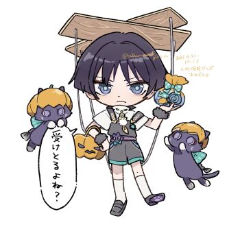 1boy alumisael_gnsn animalization aqua_pupils arm_at_side bag basket black_hair black_overalls black_shoes blunt_ends candy casual cat chibi closed_mouth contemporary dated eyeliner eyeshadow food full_body fur_wrist_cuffs genshin_impact halloween halloween_costume hand_on_own_hip hand_up highres holding holding_bag jack-o'-lantern kneehighs lollipop looking_at_viewer makeup male_focus marionette marionette_controller official_alternate_costume overalls paw_print_soles person_and_animalization pumpkin_hat puppet puppet_strings purple_cat purple_eyes red_eyeliner red_eyeshadow scaramouche_(cat)_(genshin_impact) scaramouche_(genshin_impact) shirt shoes short_sleeves socks speech_bubble swirl_lollipop translation_request twitter_username undershirt wanderer_(genshin_impact) white_shirt white_sleeves white_socks wispy_bangs wrist_cuffs