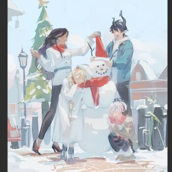 1boy 3girls ^_^ aia_amare alternate_costume bad_tag belt beret black_belt black_boots black_hair black_pants black_shoes black_skirt blonde_hair blue_jacket blush boots braid brown_boots brown_jacket building_snowman christmas christmas_tree closed_eyes coat commentary day double_v earmuffs english_commentary fang fur-trimmed_boots fur-trimmed_coat fur-trimmed_jacket fur_trim glasses gloves hair_between_eyes happy hat high_heels highres hood hoodie horns iluna_(nijisanji) jacket jacket_over_hoodie long_coat long_hair maria_marionette mismatched_thighhighs multiple_girls nijisanji nijisanji_en open_mouth outdoors pants pillarboxed pink_gloves pink_hair pink_streaks pointy_ears ponytail purple_streaks red_scarf ren_zotto round_eyewear santa_hat scarf scarle_yonaguni shoes short_hair short_ponytail side_braid side_ponytail single_braid single_sidelock sketch skirt smile snow snowman squatting stick tan unworn_eyewear v virtual_youtuber white_coat white_hat white_hoodie white_jacket winter winter_clothes yuigacyako