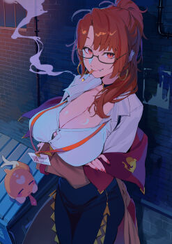 1girl absurdres black_bra black_choker black_pants bra bra_peek breasts brick_wall brown_hair button_gap choker cigarette cleavage collared_shirt commentary_request commission crossed_arms earrings fang hair_over_shoulder highres hoop_earrings ibaraki_shun id_card jewelry lanyard large_breasts long_hair looking_at_viewer mole mole_on_breast mole_under_eye off_shoulder original pants partially_unbuttoned red_eyes red_nails semi-rimless_eyewear shirt skeb_commission smoke smoking solo underwear white_shirt