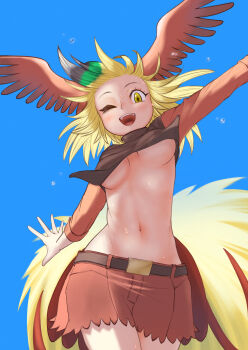 1girl ;d aotsuki_tsutome arm_up belt bird_girl bird_tail bird_wings black_hair blonde_hair bouncing_breasts breasts brown_shirt brown_shorts brown_wings cowboy_shot cropped_shirt dancing floating_hair greater_bird-of-paradise_(kemono_friends) green_hair grey_hair head_wings highres kemono_friends long_hair long_sleeves looking_at_viewer medium_breasts multicolored_hair navel no_bra one_eye_closed open_mouth outstretched_arms outstretched_hand shirt shorts smile solo spread_fingers spread_wings stomach sweat tail unaligned_breasts underboob wings yellow_eyes