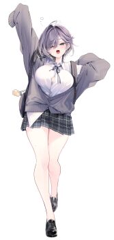 1girl absurdres animal_charm arms_up asymmetrical_hair backpack bag bag_charm barbell_piercing bare_legs black_bag black_ribbon black_shoes breasts button_gap cardigan charm_(object) collared_shirt drooling ear_piercing earrings fang full_body gradient_hair grey_cardigan grey_eyes grey_hair grey_skirt hair_intakes hair_over_one_eye head_tilt highres industrial_piercing jewelry large_breasts legs light_blush loafers long_sleeves looking_at_viewer miniskirt mole mole_on_neck mole_on_thigh mole_under_mouth mouth_drool multicolored_hair multiple_earrings multiple_moles muzin_chan neck_ribbon no_socks open_mouth original outstretched_arm parted_bangs partially_unbuttoned piercing plaid_clothes plaid_skirt pleated_skirt purple_hair ribbon school_uniform shirt shirt_partially_tucked_in shoes short_hair simple_background single_off_shoulder skin_fang skirt sleeves_past_fingers sleeves_past_wrists solo squeans standing standing_on_one_leg straight-on stretching tachi-e walking white_background white_shirt yawning