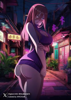 Rule 34 | 1girl, absurdres, arm under breasts, artist name, ass, back cutout, bare arms, bare shoulders, blue eyes, blurry, blurry background, blush, breasts, building, car, cleavage, cleavage cutout, clothes pull, clothing cutout, colorized, go-toubun no hanayome, hair between eyes, heart cutout, highres, huge ass, kosmos beta, large breasts, long hair, looking at viewer, motor vehicle, nakano miku, naked sweater, outdoors, parted lips, photo background, purple sweater, red eyes, road, solo, standing, street, sweater, sweater pull, thighs, third-party edit, turtleneck, turtleneck sweater, victoors, virgin killer sweater