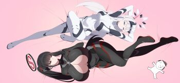 Rule 34 | 1boy, 2girls, absurdres, alternate breast size (larger), arm behind head, arms up, bed sheet, black bodysuit, black gloves, black hair, black halo, blue archive, blunt bangs, bodysuit, breasts, bright pupils, cleavage, closed mouth, commentary request, doodle sensei (blue archive), full body, gloves, hair ornament, halo, hands on own chest, head-mounted display, highres, himari (blue archive), himari (bodysuit) (blue archive), huge breasts, impossible bodysuit, impossible clothes, knee up, large breasts, latex, latex bodysuit, long hair, looking at another, looking at viewer, lying, madrawing, mole, mole under eye, multicolored bodysuit, multicolored halo, multiple girls, official alternate costume, official alternate hairstyle, on back, open bodysuit, open clothes, partially unzipped, pointy ears, ponytail, purple eyes, red eyes, ringed eyes, rio (blue archive), rio (bodysuit) (blue archive), sensei (blue archive), sidelocks, skin tight, smile, two-tone bodysuit, two-tone halo, variant set, very long hair, white bodysuit, white hair, white halo, white pupils