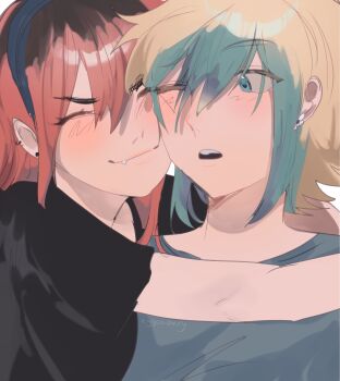 1boy 1girl absurdres alternate_costume alternate_hair_color aubrey_(faraway)_(omori) aubrey_(omori) basil_(faraway)_(omori) basil_(omori) black_hair black_shirt blonde_hair blue_eyes blue_hairband blush closed_eyes closed_mouth commentary ear_piercing earrings eggsoupery english_commentary fang fang_out flower_earrings green_hair green_shirt hairband highres hug jewelry long_hair looking_at_another multicolored_hair omori one_eye_closed open_mouth piercing pink_hair roots_(hair) shirt short_hair sidelocks smile t-shirt teeth two-tone_hair upper_teeth_only