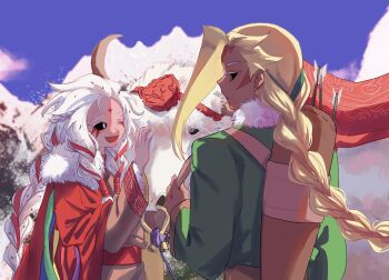 2others ;d ananas_dragon_cookie animal arrow_(projectile) backlighting bag_behind_back bell black_sclera blonde_hair braid braided_ponytail braided_sidelocks brown_bag brown_hanfu brown_horns chinese_clothes chinese_commentary cloud colored_eyelashes colored_sclera colored_skin commentary_request cookie_run cookie_run:_ovenbreak cumulonimbus_cloud dark_skin day earrings facial_mark fang food-themed_hair forehead_mark from_behind fur-trimmed_sleeves fur_trim geruideyundongxie green_hanfu green_ribbon hair_behind_ear hair_ribbon hand_up hanfu highres horns humanization jewelry jingle_bell long_hair long_sleeves looking_at_another multiple_others one_eye_closed open_mouth other_focus outdoors parted_lips pink_skin pitaya_dragon_cookie profile purple_sky red_ribbon ribbon single_braid sky smile snow stud_earrings tri_braids upper_body very_long_hair white_eyelashes white_eyes white_hair wide_sleeves