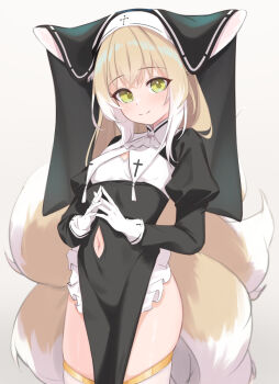 1girl alternate_costume animal_ears arknights ascot black_dress blonde_hair breasts closed_mouth clothing_cutout colored_tips cowboy_shot dot_nose dress fox_ears fox_tail gloves gold_trim green_eyes highres interlocked_fingers kitsune kyuubi long_sleeves looking_at_viewer multicolored_hair multiple_tails navel navel_cutout nun own_hands_clasped own_hands_together paid_reward_available pelvic_curtain side_slit simple_background small_breasts smile solo split_mouth suzuran_(arknights) tail tareme thighhighs thighs variant_set white_ascot white_background white_gloves white_hair white_thighhighs yakurope-moko