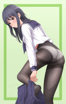 1girl akippoi_0919 black_hair black_pantyhose brown_eyes highres long_hair original panties panties_under_pantyhose pantyhose school_uniform serafuku underwear undressing