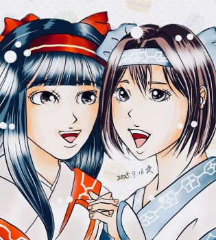 Rule 34 | 2girls, ainu clothes, black eyes, blue hair, brown hair, dated, hair ribbon, highres, holding hands, interlocked fingers, long hair, looking at viewer, multiple girls, nakoruru, open mouth, ribbon, rimururu, samurai spirits, siblings, sisters, smile, snk, teeth, tongue