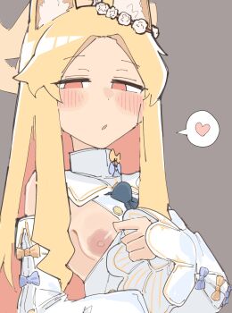 1girl animal_ear_fluff animal_ears bagaponchi blonde_hair blue_archive blue_bow blush bow breasts clothing_aside detached_sleeves dress dress_aside fox_ears grey_background halo heart highres loli long_hair looking_at_viewer nipples seia_(blue_archive) simple_background sleeve_bow small_breasts solo spoken_heart upper_body very_long_hair white_dress yellow_bow yellow_halo