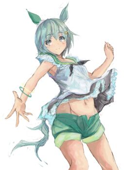 1girl animal_ears blue_eyes blush breasts closed_mouth dress ear_covers flower green_sailor_collar green_shorts grey_hair hair_between_eyes hair_flower hair_ornament hairclip horse_ears horse_girl horse_tail looking_at_viewer midriff midriff_peek navel sailor_collar seiun_sky_(reeling_in_the_big_one)_(umamusume) seiun_sky_(umamusume) short_hair shorts simple_background single_ear_cover small_breasts solo sunflower sunflower_hair_ornament tail umamusume white_background white_dress yanagi_wakana