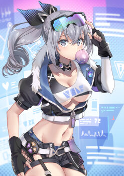 1girl absurdres alternate_breast_size arm_up badge black_bow black_collar black_gloves black_jacket blue_bow bow breasts button_badge chewing_gum circle closed_mouth clothing_cutout collar commentary cowboy_shot crop_top cropped_jacket cropped_legs crossed_bangs eyewear_on_head fingerless_gloves fishnets fur-trimmed_jacket fur_trim gloves goggles goggles_on_head gradient_bow grey_eyes grey_hair hair_between_eyes hair_bow highres hip_vent hologram honkai:_star_rail honkai_(series) jacket looking_at_viewer mahou_io medium_breasts midriff multicolored_background multicolored_jacket navel open_fly partially_unzipped polka_dot polka_dot_background polka_dot_bow ponytail puffy_short_sleeves puffy_sleeves shirt short_shorts short_sleeves shorts silver_wolf_(honkai:_star_rail) single-shoulder_shirt single_drill solo square thigh_strap thighs underboob white_shirt x_(symbol) zipper_pull_tab