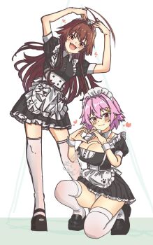 2girls :3 absurdres ahoge alternate_costume apron black_dress blush breasts brown_eyes brown_hair cleavage dress enmaided frilled_apron frills heart heart_hands highres huge_ahoge kantai_collection kuma_(kancolle) large_breasts long_hair maid maid_apron maid_headdress motizou multiple_girls on_one_knee open_mouth panties pink_hair puffy_sleeves red_eyes short_hair short_sleeves smile tama_(kancolle) thighhighs underwear white_apron white_background white_panties