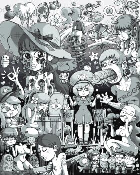 6+girls 666 artist_name ass blood bottomless breasts bucket burger caterpillar closed_eyes clothes_writing completely_nude curvy english_text eye_of_providence fish flower food ghost hat headless heart highres holding holding_bucket holding_detached_head jet_ski large_breasts long_hair monochrome multiple_girls navel nipples nude open_mouth original paul_robertson pixel_art ponytail see-through_clothes severed_head sitting skull squid star_(symbol) sword thigh_gap toilet vomiting watercraft weapon wide_hips worm