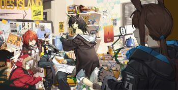 Rule 34 | ..., 1other, 2001 a space odyssey, 4girls, absurdres, amiya (arknights), animal ears, black gloves, black hair, black jacket, blade runner (series), blade runner 2049, blush, brown hair, caught, doctor (arknights), dress, dropping, electric kettle, english text, exusiai (arknights), exusiai the new covenant (arknights), fingerless gloves, from behind, gloves, green eyes, grey hair, hair over one eye, halo, highres, hood, hood down, hooded jacket, interstellar (movie), jacket, jeff (marvel), jewelry, kettle, la la land, long hair, long sleeves, looking at viewer, marvel, mask, medium hair, mon3tr (arknights), mouth mask, multiple girls, multiple rings, originite prime (arknights), orundum (arknights), paper stack, pen, ponytail, prank, projekt red (arknights), rabbit ears, rabbit girl, red hair, red jacket, ring, sharknado, sidelocks, sleeping, spoken ellipsis, sweat, the shining, walk-in, white dress, wide sleeves, wings, wolf girl, wushier