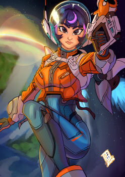 Rule 34 | astronaut, blizzard (company), brown eyes, commentary, darkfang100, earth (planet), english commentary, gloves, highres, holding, holding weapon, jacket, jetpack, juno (overwatch), lipstick, looking up, makeup, overwatch, planet, purple hair, skin tight, space, spandex, weapon