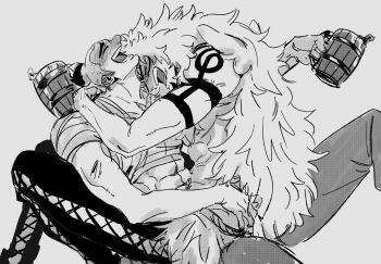 2boys adam's_apple alcohol ascot beer blush calgara chest_sarashi couple drunk facial_hair goatee greyscale hand_on_another's_ass head_tilt highres knee_up laughing long_hair male_focus mcbuckwheat medium_sideburns monochrome montblanc_noland multiple_boys nose_blush one_piece profile sarashi short_hair sitting sitting_on_lap sitting_on_person tattoo toned toned_male tribal tribal_tattoo upper_body very_long_hair yaoi