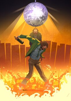 2boys blazer burning collared_shirt commentary disco_ball disco_elysium dual_persona embers english_commentary facial_hair fire green_jacket hanging harry_du_bois highres horrific_necktie jacket multiple_boys mutton_chops nurve26 shirt shirt_tucked_in spread_legs suicide white_shirt