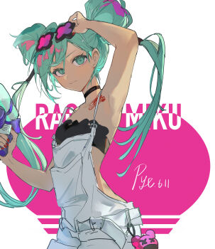 1girl :3 absurdres adjusting_eyewear aqua_eyes aqua_hair arm_up armpits artist_name backlighting bare_arms bare_shoulders black-framed_eyewear black_choker black_tube_top breasts character_name chest_tattoo choker closed_mouth commentary cowboy_shot dated double_bun from_below hair_between_eyes hair_bun hair_tubes hatsune_miku highres holding holding_water_gun long_hair looking_at_viewer nail_polish overall_shorts overalls pink-tinted_eyewear pink_background pye_yyy racing_miku racing_miku_(2025) red_nails simple_background small_breasts solo spaghetti_strap standing strapless sunglasses tattoo tinted_eyewear tube_top twintails two-tone_background v-shaped_eyebrows vocaloid water_gun white_background white_overalls