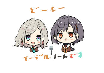 Rule 34 | 2girls, :d, :o, absurdres, aqua neckerchief, black hair, blush stickers, brown dress, ceras yanagida lilienfeld, chibi, chibi only, dress, edel note, grey hair, hair ornament, hair ribbon, hasu no sora school uniform, highres, jellyfish cut, katsuragi izumi, link! like! love live!, long hair, love live!, mendo (mend0o0), microphone, multiple girls, neckerchief, open mouth, orange eyes, pink ribbon, ribbon, sailor collar, sailor dress, school uniform, simple background, slit pupils, smile, translation request, triangle hair ornament, virtual youtuber, white background, white sailor collar, winter uniform, yellow neckerchief