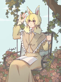 Rule 34 | 1girl, absurdres, animal ears, blonde hair, book, bow, brown capelet, brown dress, capelet, day, dress, feiren zai, flower, frills, hair bow, highres, holding, holding book, hy dian, long sleeves, looking up, low twintails, non-web source, open book, plant, rabbit ears, red eyes, sitting, solo, swing, twintails, vines, xiaoyu (feiren zai)