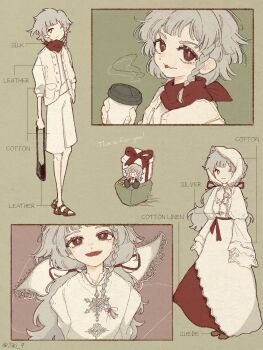 1girl :p bag box braid braided_sidelock brown_sandals brown_shoes character_doll cup disposable_coffee_cup disposable_cup doll gift gift_box green_background grey_hair hair_ribbon handbag hashtag-only_commentary headscarf highres holding holding_bag holding_cup jacket jewelry jiki_(jiki_9) lace-trimmed_headwear lace-trimmed_robe lace_trim layered_robe leather leather_footwear leather_jacket long_hair long_sidelocks looking_at_viewer multiple_views necklace open_clothes open_jacket red_eyes red_ribbon red_scarf reverse:1999 ribbon robe rubuska sandals scarf shoes shorts sidelocks silver_necklace single_braid single_sidelock smile sports_sandals tongue tongue_out twitter_username waist_ribbon white_headscarf white_jacket white_robe white_shorts