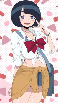 1girl bag bambi2000line black_hair black_skirt blue_eyes blush bob_cut breasts clothes_around_waist gundam gundam_gquuuuuux highres jacket jacket_around_waist large_breasts long_sleeves looking_at_viewer mature_female midriff open_mouth pleated_skirt red_ribbon ribbon school_bag school_uniform shiiko_sugai shirt short_hair skirt smile solo wristband