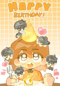 Rule 34 | 2boys, aged down, alternate costume, birthday cake, black eyes, black hair, black shoes, black sweater vest, brown hair, brown shorts, cake, character name, chipped tooth, dark-skinned male, dark skin, double-parted bangs, food, fork, hair between eyes, happy birthday, hat, highres, holding, holding fork, kel (faraway) (omori), kel (omori), male focus, mini person, miniboy, multiple boys, omori, orange shirt, party hat, shirt, shoes, short hair, short sleeves, shorts, socks, sunny (omori), sweater vest, t-shirt, white shirt, white socks, xiangmian fumin