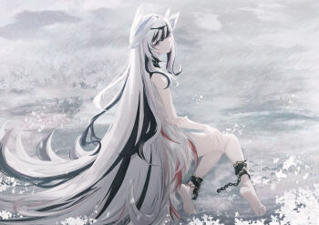 1girl absurdres barefoot belt_collar black_choker black_hair chain choker collar commentary cones_(c0_nes) dress elbow_gloves fire_emblem fire_emblem_heroes gloves hair_ornament highres long_hair multicolored_hair nintendo purple_eyes smile very_long_hair veyle_(fire_emblem) white_dress white_gloves white_hair