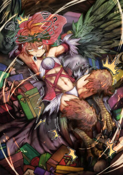 1girl ? bird_legs bird_nest bird_tail box clothing_cutout commentary_request crown_of_thorns feathered_wings feathers gift gift_box green_feathers green_wings half-closed_eyes harpy highres monster_girl navel original red_veil solo stomach_cutout sur_plus_26 tail talons veil winged_arms wings yellow_eyes