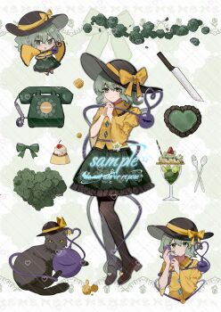 Rule 34 | 1girl, animalization, black cat, black hat, bow, brown pantyhose, brown shoes, buttons, cat, cherry, chibi, chinese commentary, closed mouth, collared shirt, commentary request, corded phone, diamond button, eyeball, floral print, flower, food, food request, fork, frilled shirt collar, frilled skirt, frills, fruit, full body, green eyes, green flower, green hair, green rose, green skirt, hat, hat bow, heart, heart of string, highres, interlocked fingers, iwakoo, knife, komeiji koishi, komeiji koishi (cat), long sleeves, multiple views, own hands together, pantyhose, phone, print skirt, pudding, rose, rose print, sample watermark, shirt, shoes, skirt, smile, spoon, third eye, touhou, watermark, watermark grid, wide sleeves, yellow shirt