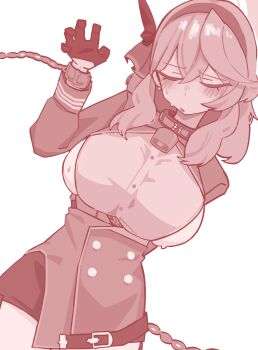 1girl absurdres ako_(blue_archive) bell blue_archive blush breasts closed_eyes cuffs dutch_angle gloves hairband highres i3eancurd large_breasts miniskirt monochrome neck_bell shackles sideboob simple_background skirt solo sweatdrop white_background