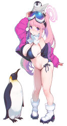 Rule 34 | 1girl, animal, animal on head, arm up, ataruman, bikini, bird, black bikini, blue archive, blush, breasts, eimi (blue archive), eimi (swimsuit) (blue archive), full body, goggles, goggles on head, halo, highres, jacket, large breasts, long hair, looking at viewer, navel, official alternate costume, on head, open clothes, open jacket, penguin, pink hair, pink halo, pink jacket, ponytail, scarf, side-tie bikini bottom, simple background, ski goggles, solo, standing, swimsuit, white background, white scarf