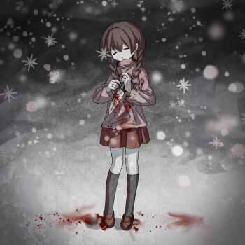 1girl absurdres black_socks blood blood_on_clothes blood_on_ground bloody_knife braid brown_hair closed_eyes closed_mouth expressionless full_body hair_intakes highres holding holding_knife kaitenta1 kneehighs knife long_hair low_twin_braids madotsuki miniskirt outdoors pink_sweater red_shoes red_skirt shoes skirt snowflakes snowing socks solo sweater turtleneck turtleneck_sweater twin_braids yume_nikki