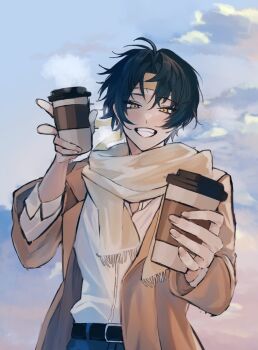 1boy antenna_hair asaba_harumasa belt black_hair blue_pants blue_sky blush brown_coat cloud cloudy_sky coat commentary cup grin half-closed_eyes highres holding holding_cup incoming_gift limited0twst0s male_focus outdoors pants parted_bangs partially_unbuttoned scarf shirt_tucked_in short_hair sky sleeves_rolled_up smile solo upper_body white_scarf yellow_eyes zenless_zone_zero
