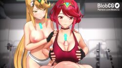 1boy 2girls 3d animated blobcg breasts choker cum cum_on_body cum_on_breasts cum_on_upper_body fingerless_gloves gloves large_breasts looking_at_viewer multiple_girls mythra_(xenoblade) nipples paizuri paizuri_under_clothes pov pyra_(xenoblade) sound sports_bra tagme topless_female video xenoblade_chronicles_(series) xenoblade_chronicles_2