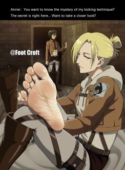 1boy 1girl absurdres annie_leonhart barefoot belt blonde_hair blue_eyes boots emblem english_text feet foot_croft foot_focus foreshortening highres hood jacket jewelry paradis_military_uniform sensitive shingeki_no_kyojin short_hair sitting soles thigh_strap toe_ring toes training_corps_(emblem)